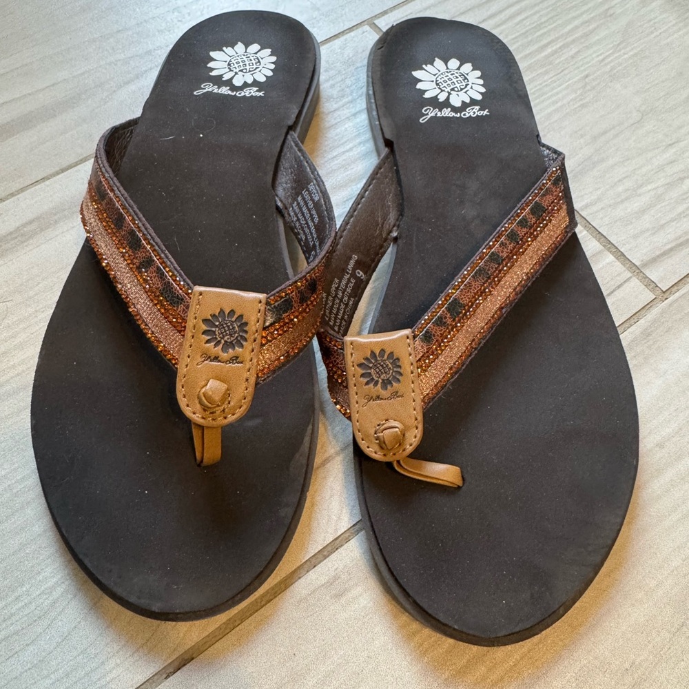 Yellow Box Brown Leather Sandals with Beaded Straps